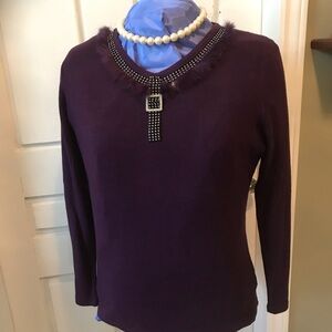 Elegant Purple Women's Sweater with Embellished Neckline